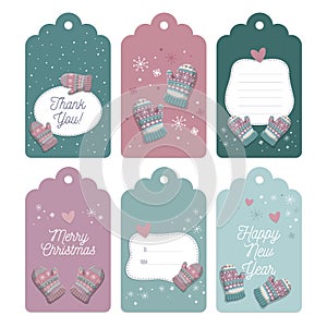 Set of six Christmas tags collection with mittens and snowflakes.
